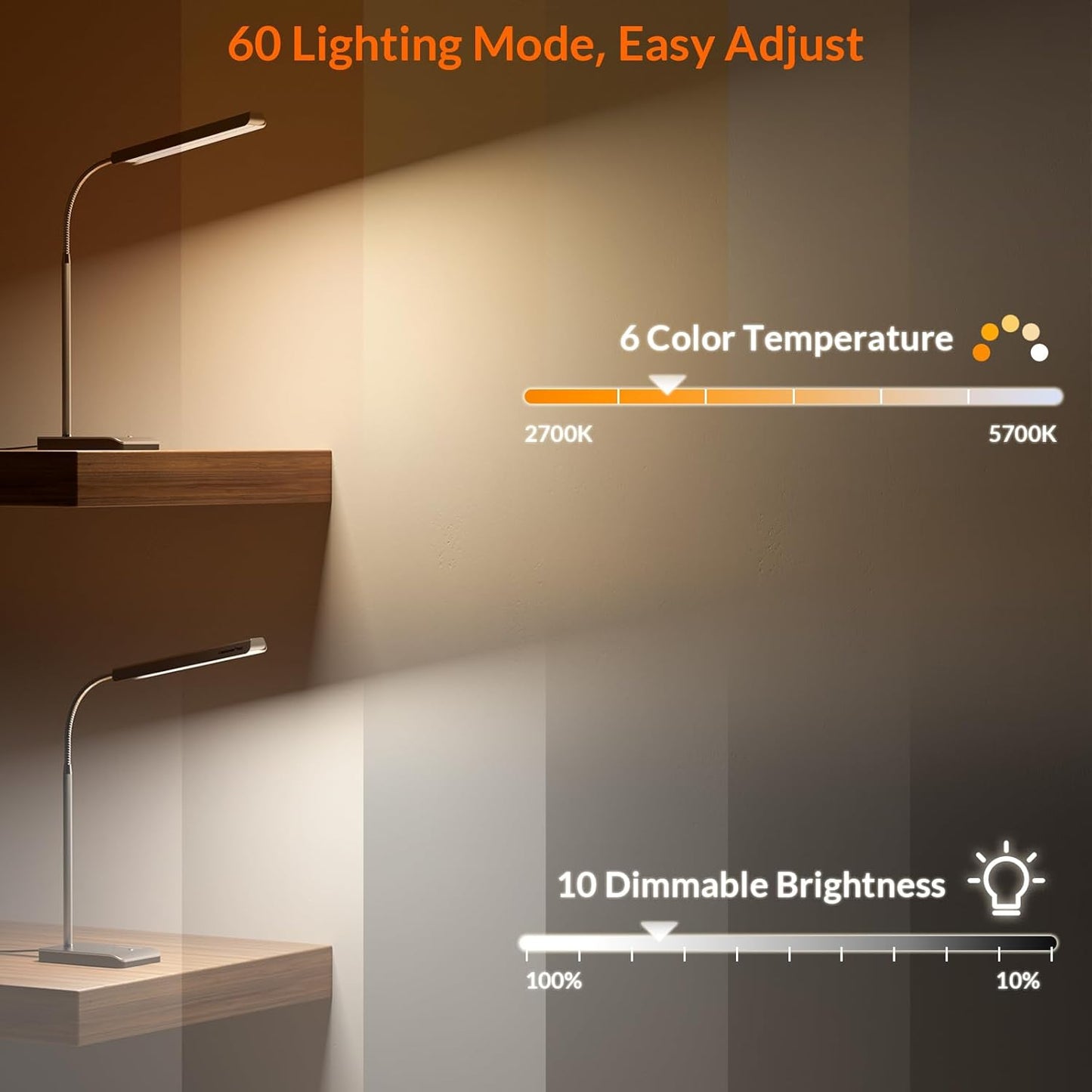 LED Desk Lamp, 12W Reading Desk Lamp for Office Home with 60 Lighting Modes, Touch Control & Timer Function, 750LM Bright Eye-Caring Gooseneck Desk Light Table Lamp for Study, Work, Silver - Lumora Desk