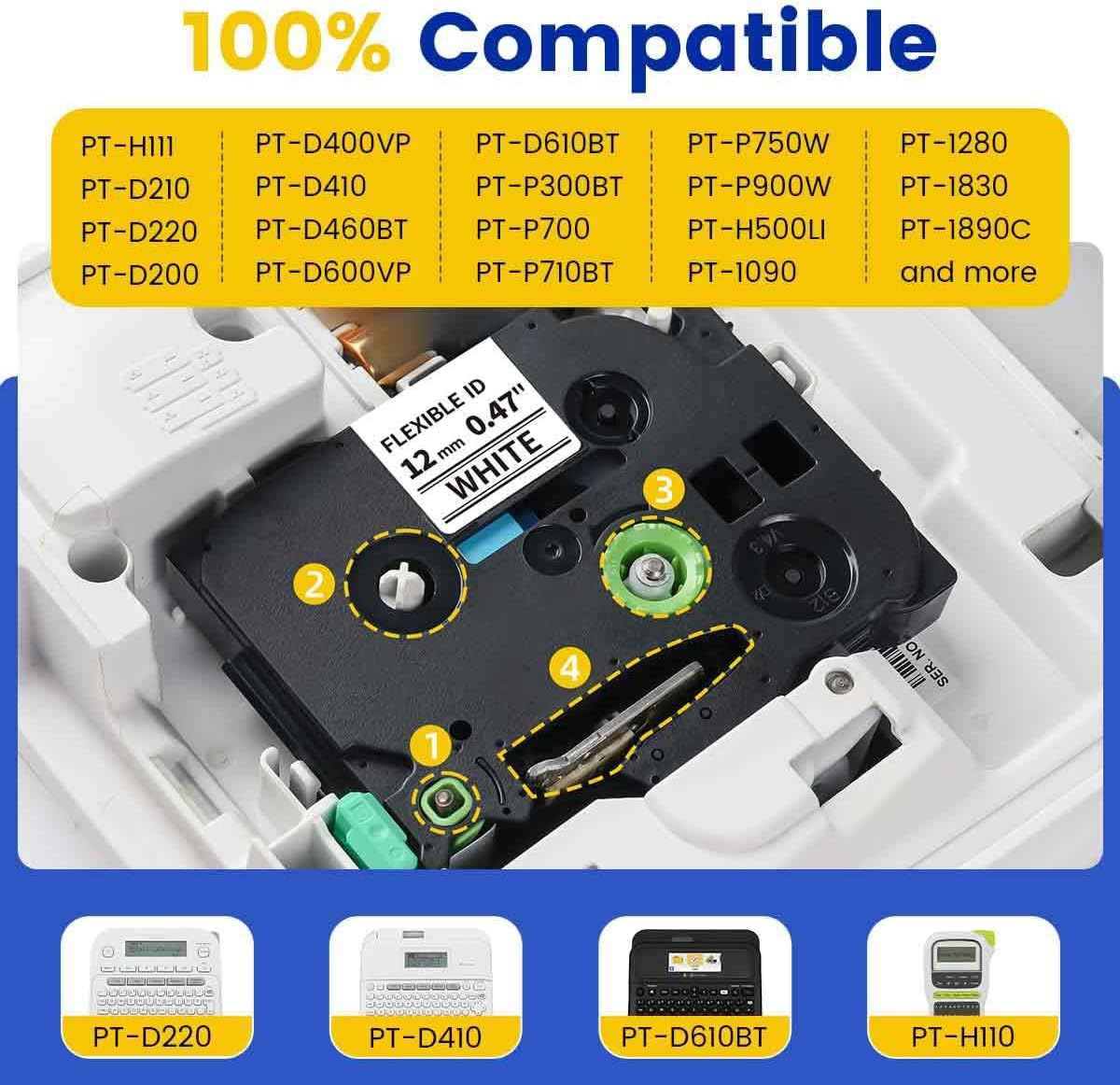 TZe-FX231 Compatible with Brother Flexible-ID Tape P Touch TZe TZ Flexible Wire Cable Wrap Label Tape 12mm 0.47 Laminated White TZeFX231 Label Maker Refill for PT-D210 D220 D610bt D400 H111 H110
