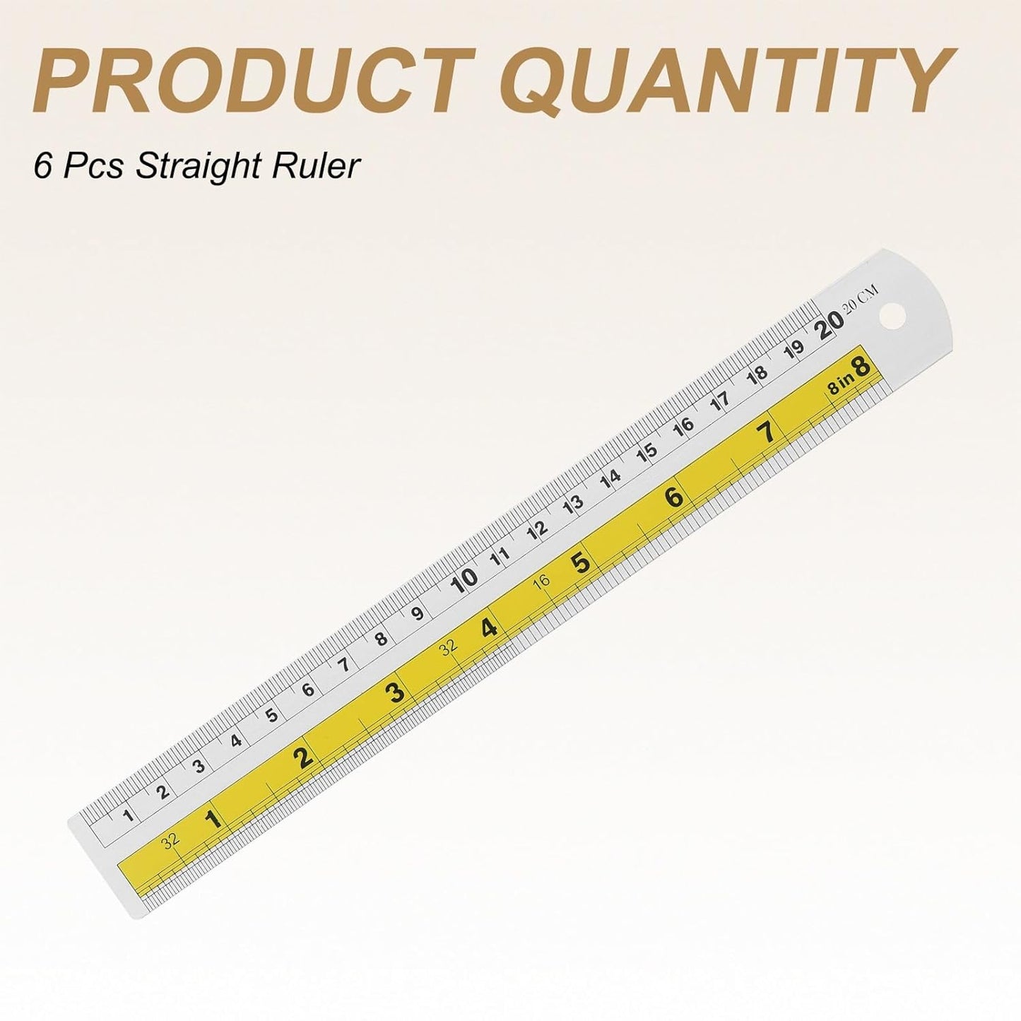 HARFINGTON 6pcs Metal Straight Ruler 20cm Metric SAE Aluminum Alloy Measuring Rulers Scale Tool with Hole for Measure Study Reading Classroom Office, Yellow