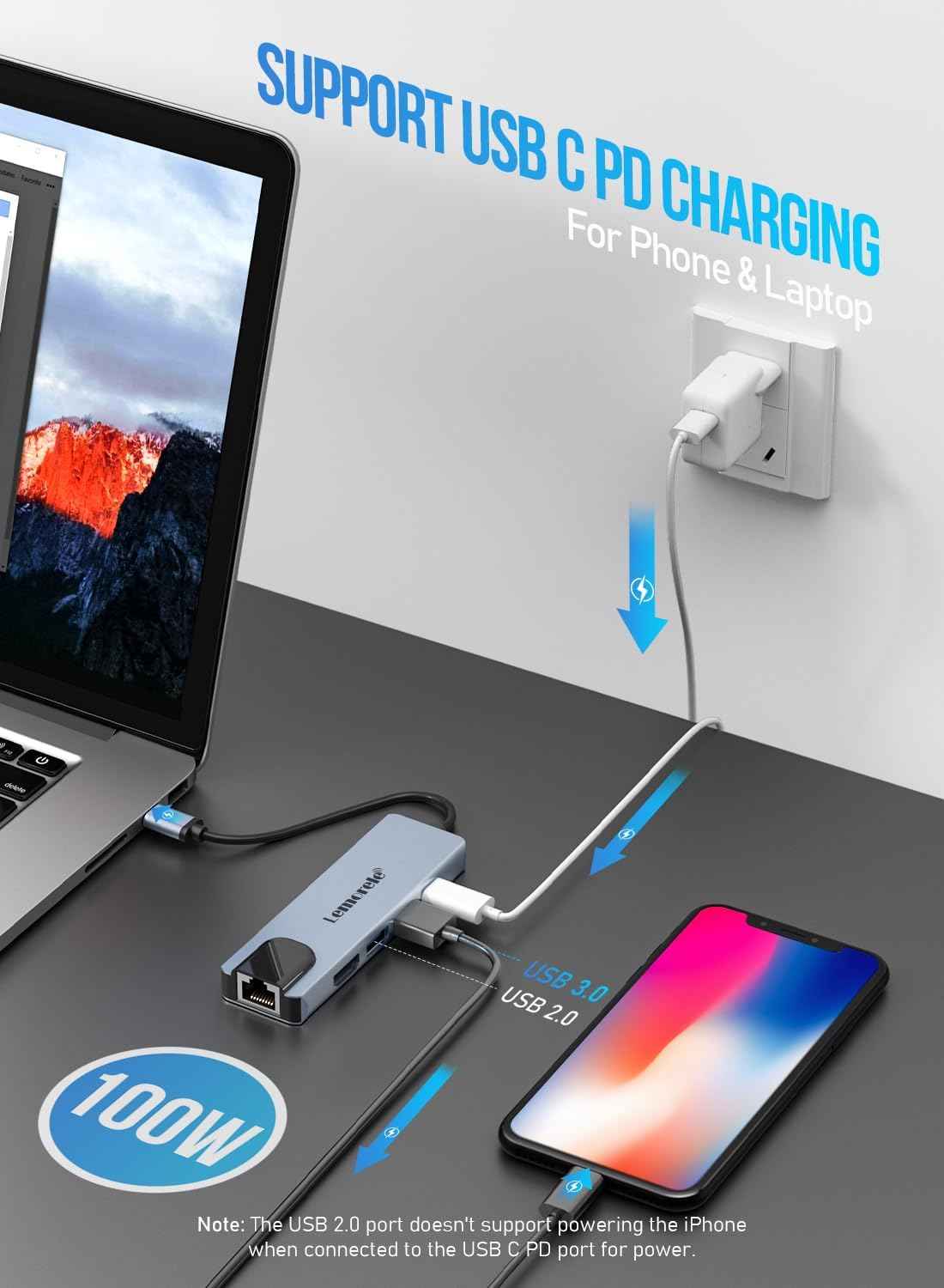 USB C Hub Adapter, Lemorele 5-in-1 Dongle Multiport Adapter with 4K HDMI, Ethernet, 2 USB 2.0 Ports, 100W PD Charging for MacBook M1 Air/Pro, iPad M1, Switch, XPS15, Windows