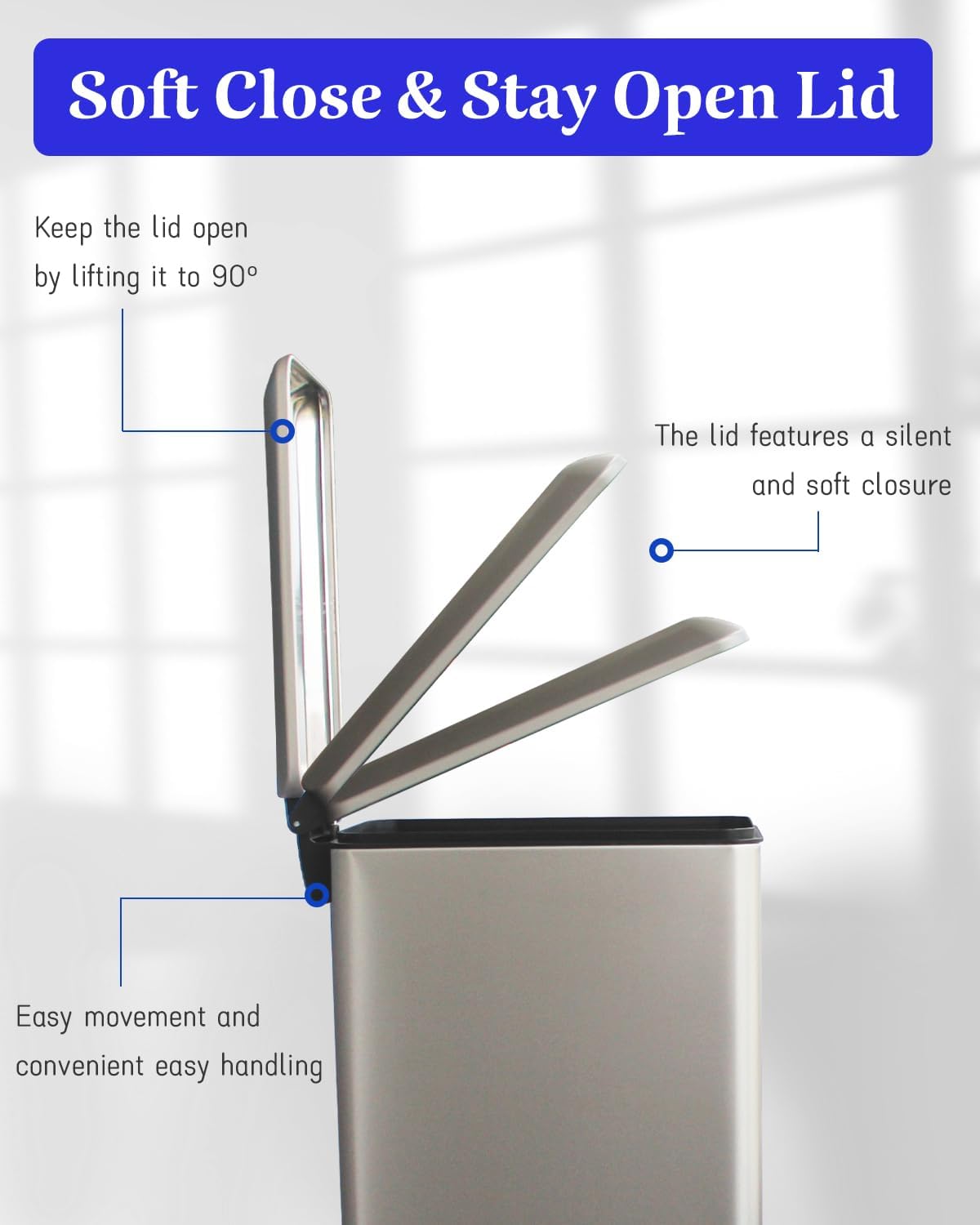 8 Gallon Slim Trash Can with Soft Close Lid, Stainless Steel Trash Can with Removal Inner Bucket, Hand -Free Trash Bin for Kitchen, Office, Laundry, Bathroom, 30 Liter Capacity, Grey