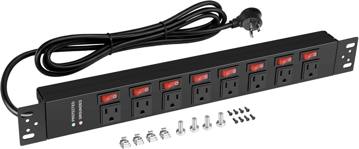 Jgstkcity Rack Mount PDU Power Strips,8 Outlet Surge Protector,Individual Switches,1.5U Rackmount Server Racks,14AWG Heavy Duty Extension Cord,2700J,15A 125V 1875W (Standard Power Cord, 6 FT Cable)