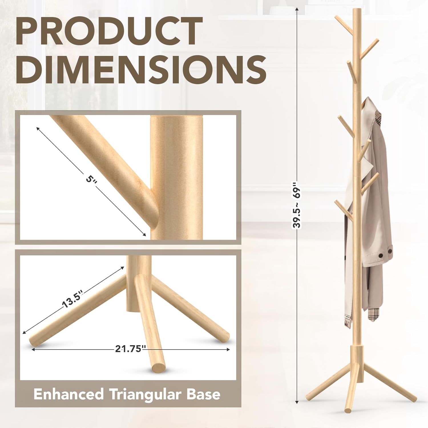Wooden Tree Coat Rack Stand,Sturdy Freestanding Coat Rack with 8 Hooks,3 Adjustable Height for Child Adult,Wood Coat Stand Tree Fits Entryway Bedroom Office for Bags,Hats - Lumora Desk