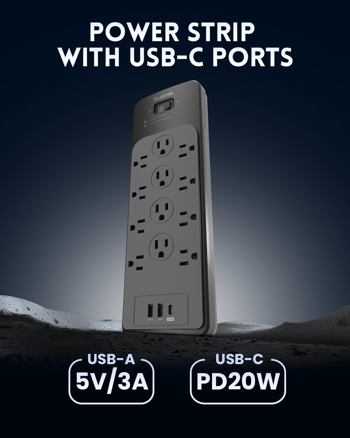 Surge Protector Power Strip 10FT(4080J), PLUGTUL Surge Protector with 12 Outlets - Spacious Design for Large Plugs, Flat Plug, 20W USB C Charging for Home, Office, ETL Listed