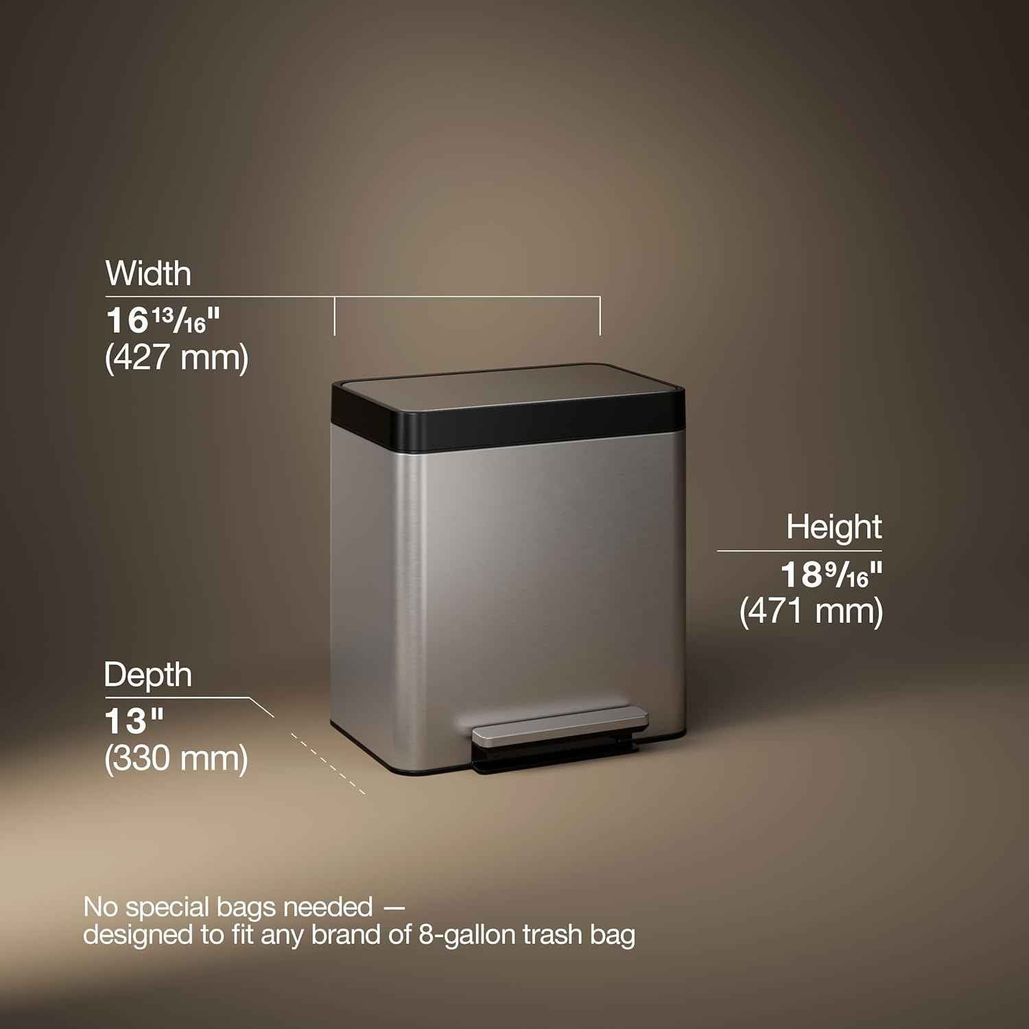 Kohler 8 Gallon Compact Hands-Free Kitchen Step Can, Trash Can with Foot Pedal, Quiet-Close Lid, Stainless Steel, K-20942-ST