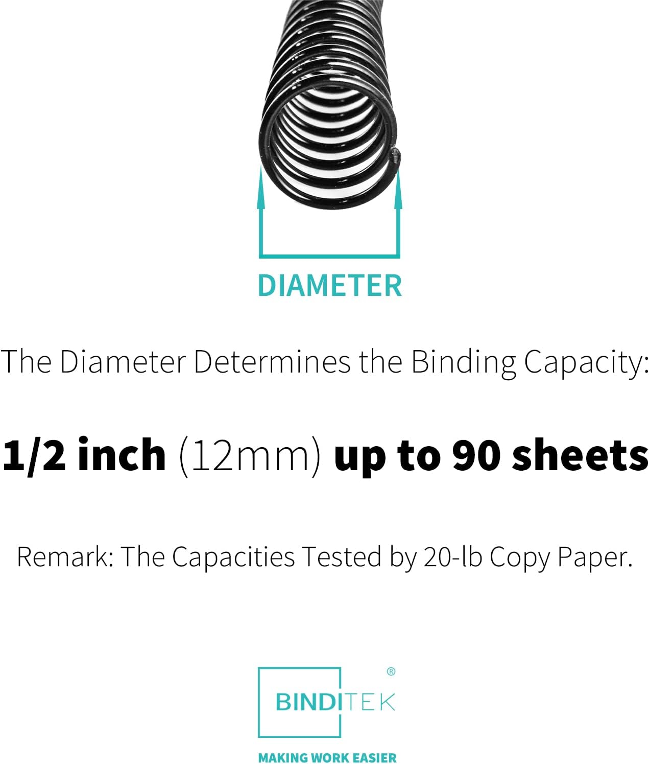 Binditek 200 Pack Plastic Spiral Binding Coils, 12mm(1/2"), 90 Sheet Capacity, 4:1 Pitch, Black, 48Loops, for Letter Size, for Students and Coworkers