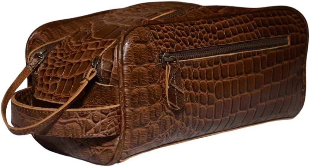Premium Buffalo Leather Unisex Toiletry Bag Travel Kit (King Size) Shaving kit Accessories :Shaving Brush Case, Razor Protective Travel Case (Combo of 4 Items) (Crocodile Print)