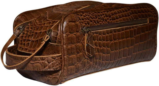 Premium Buffalo Leather Unisex Toiletry Bag Travel Kit (King Size) Shaving kit Accessories :Shaving Brush Case, Razor Protective Travel Case (Combo of 4 Items) (Crocodile Print)