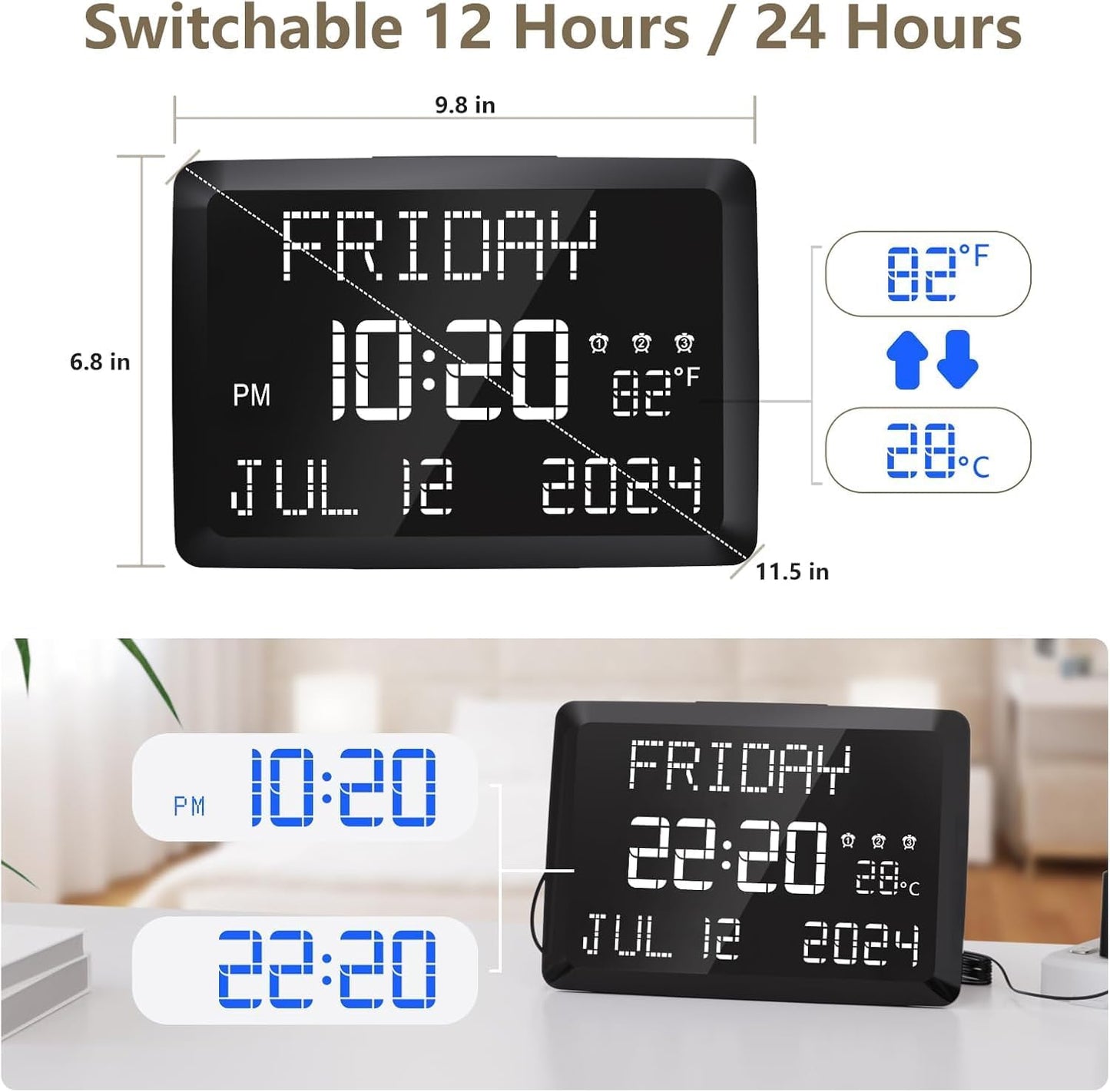 Raynic Digital Clock, 11.5" Large Display Calendar Clock with Day and Date, Indoor Temperature, Adjustable Brightness, Snooze,12/24H, DST for Home, Office, Elderly
