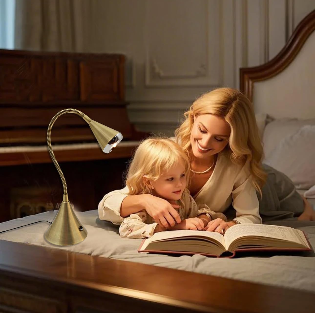 HomeFocus Desk Lamp,Bedside Table Lamp,Dimmable Task Light,Flexible Gooseneck Lamp,3-Touch Brightness & Eye-Caring Reading Light,LED Desk Lamp for Home,College Dorm,Reading,Metal,(Gold). - Lumora Desk