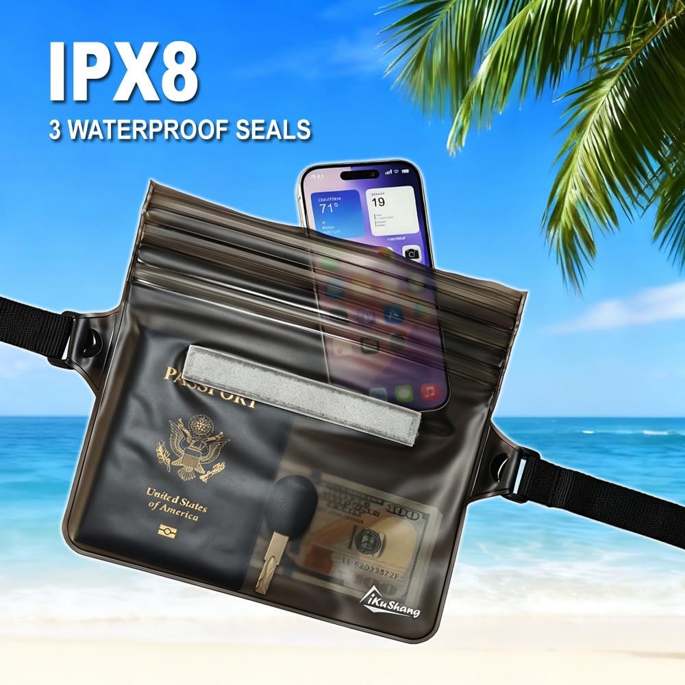 Waterproof Fanny Pack Phone Pouch - 32FT Submersible Triple Zip Lock Dry Bag, Touchscreen Passport Wallet Travel Pouch for Beach Cruise Swimming Kayaking Boating Essentials