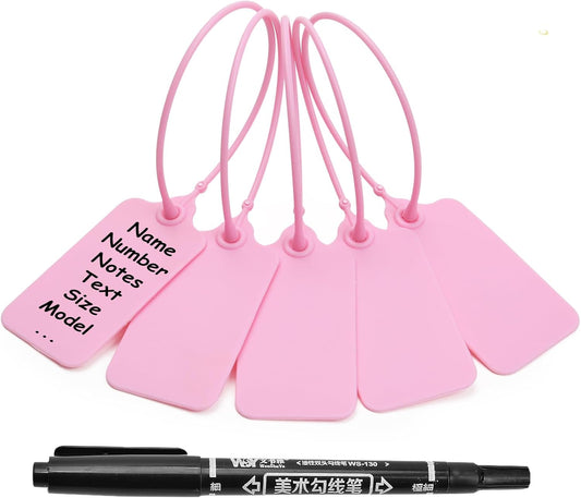 100 Pink Blank Plastic Tags for Labeling Waterproof Hanging Labels Writable Tags Seal Plastic Marking Label for Clothes Bags Keys Inventory with One Marker Pen