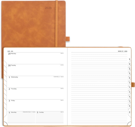 POPRUN Weekly Planner 2026 (Large 8.5" x 10.5") Calendar 12 Months Notebook with Horizontal Layout, Leather Soft Cover, Monthly Tabs, Inner Pocket, 100GSM Thick Paper, Pen Holder - Brown