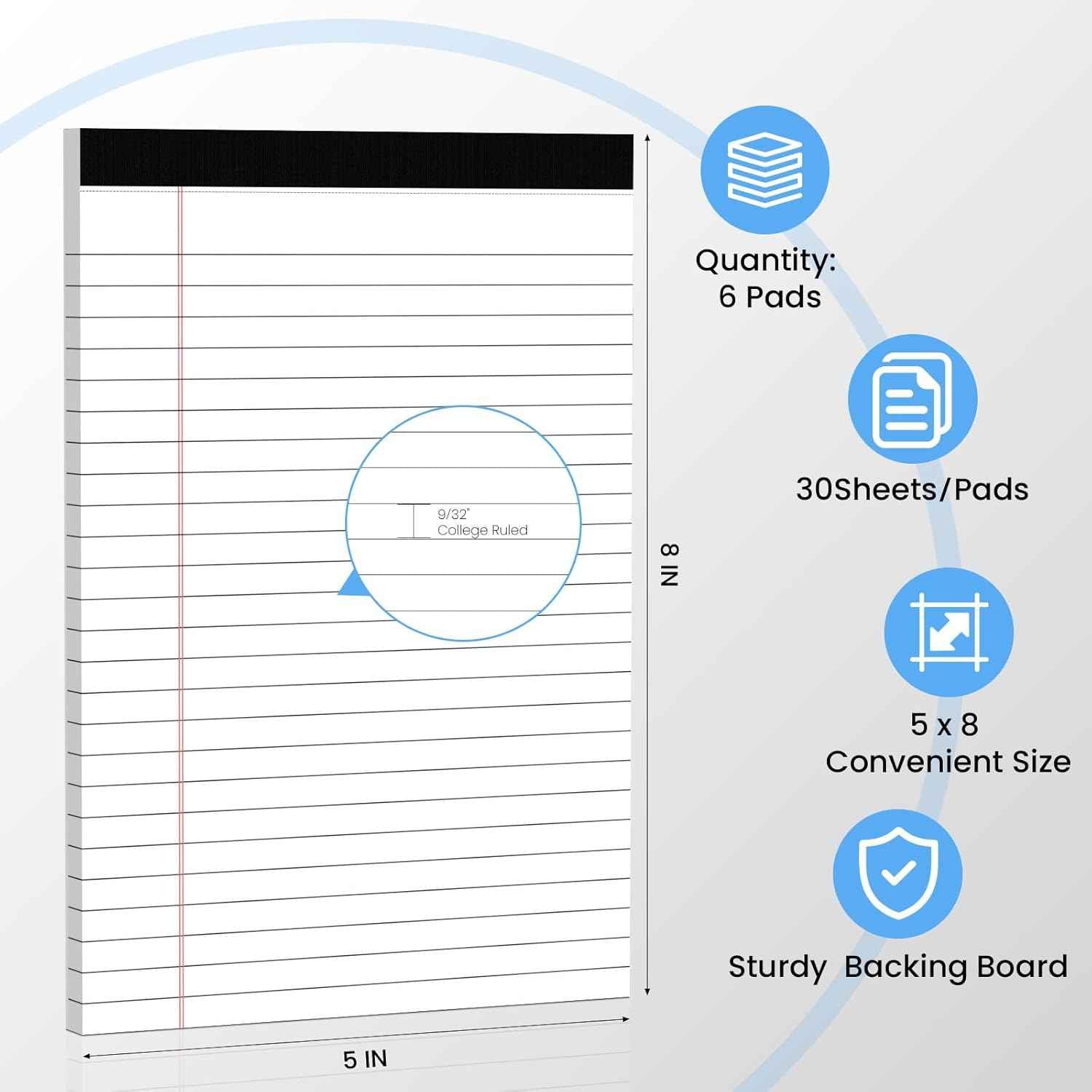 6 Pack Notepads 5x8, Small Legal Pads Narrow College Ruled, 30 Sheets/Pack, Perforated Notebook - White Note Pads for School, Memo, Note Taking, Teacher & Office Supplies, Writing Pads of Paper