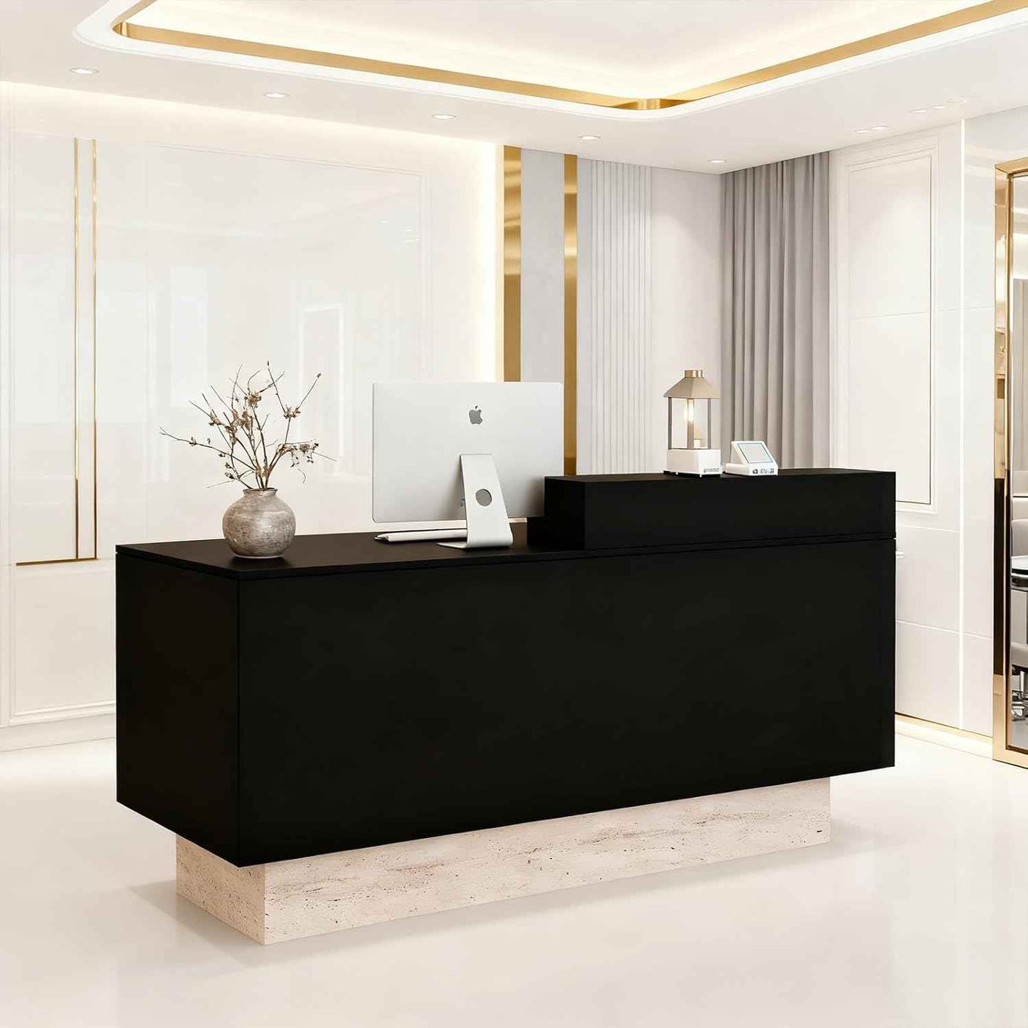 Front Reception Desk with Counter - Wood Modern with Storage Drawer for Salon Retail Office Checkout Barber Counter Table Mostrador para Negocio,Black + Stone/Right - 47.2″x19.6″x41.3″