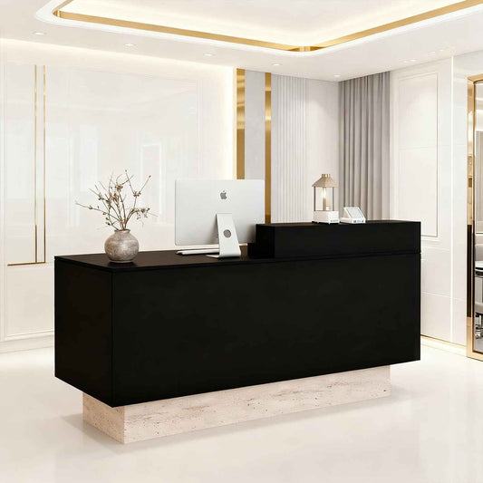 Front Reception Desk with Counter - Wood Modern with Storage Drawer for Salon Retail Office Checkout Barber Counter Table Mostrador para Negocio,Black + Stone/Right - 47.2″x19.6″x41.3″