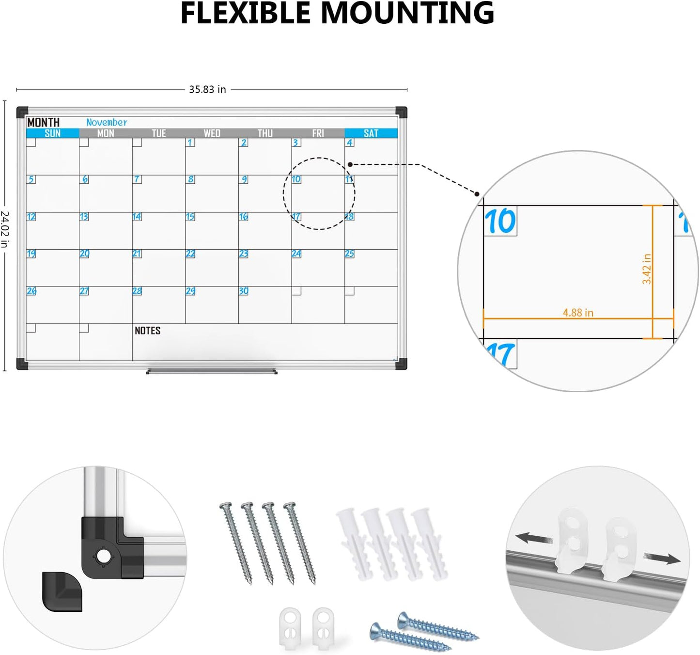 XBoard Magnetic Calendar Whiteboard 36" x 24" - Monthly Calendar Dry Erase Board, Reusable Colorful Calendar Board, Silver Aluminium Framed Monthly Planning Board - Lumora Desk