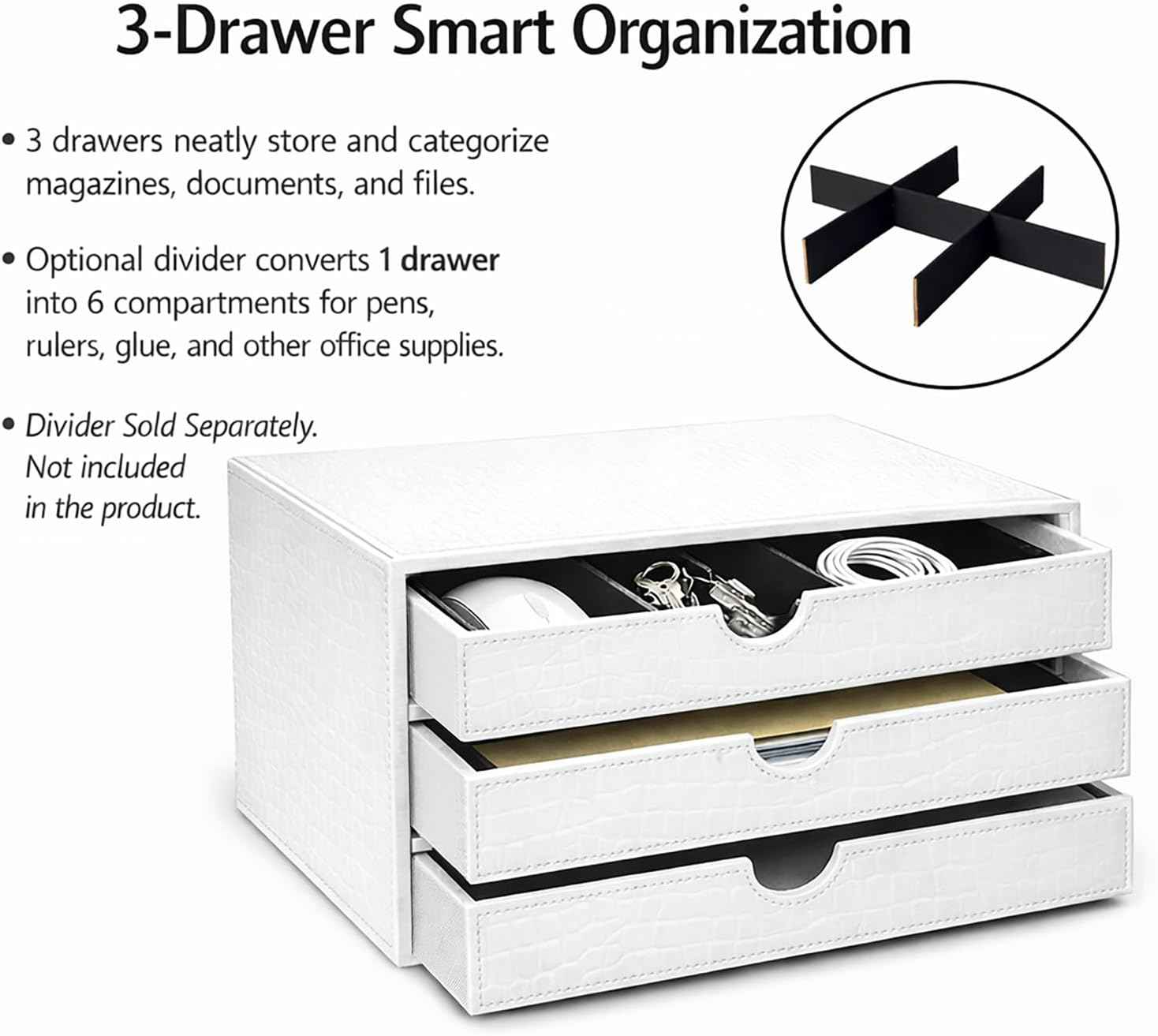 UnionBasic Document Organizer, 3-Drawer File Cabinet Document Storage Box, Office Desktop Filing Organizer, Croco White