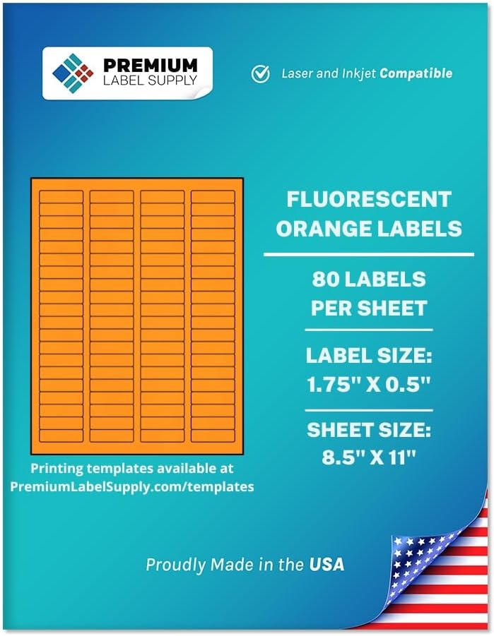 Premium Label Supply Bright Neon Color Fluorescent Sticker Labels - 1.75" x 0.5" Return Address Labels - (Fluorescent Orange, 8000 Labels)