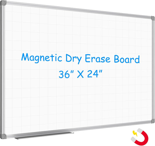 JILoffice Magnetic Dry Erase Planning Board, Grid Pattern White Board 36 x 24 Inch, Silver Aluminum Frame with Detachable Marker Tray for Office School and Home - Lumora Desk