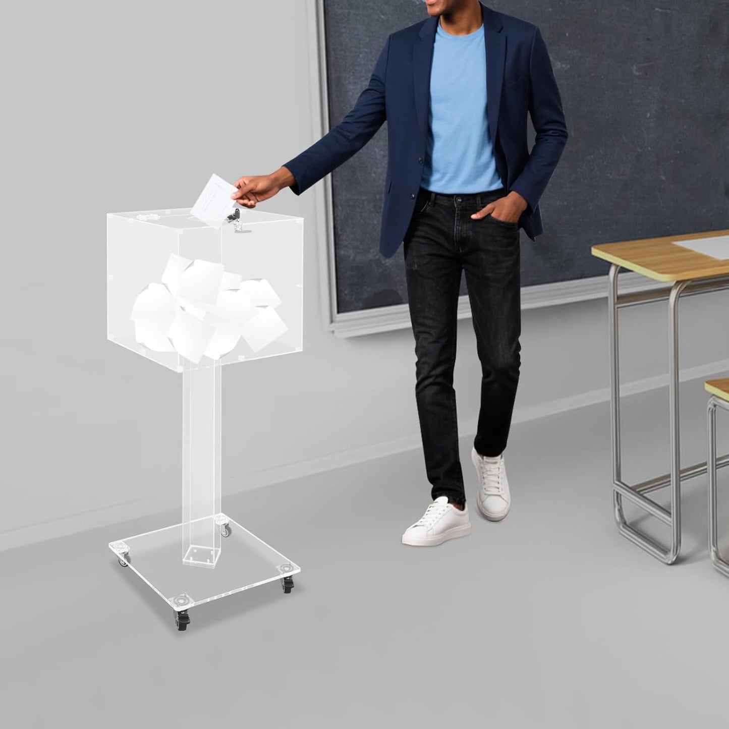Acrylic Suggestion Box with Lock and Key for Office, Home, Event Donation with Stand for Charity Church Collection Offering/Raffle Ballot Box with Sign Holder Display Stand