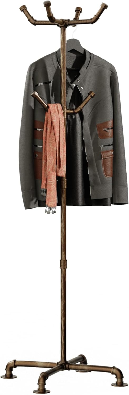 Industrial Coat Rack, Metal Pipe Coat Rack Stand Freestanding with 6 Hooks, Heavy Duty Coat Tree Sturdy Coat Racks for Entryway, Hallway, Bedroom (Vintage gold) - Lumora Desk