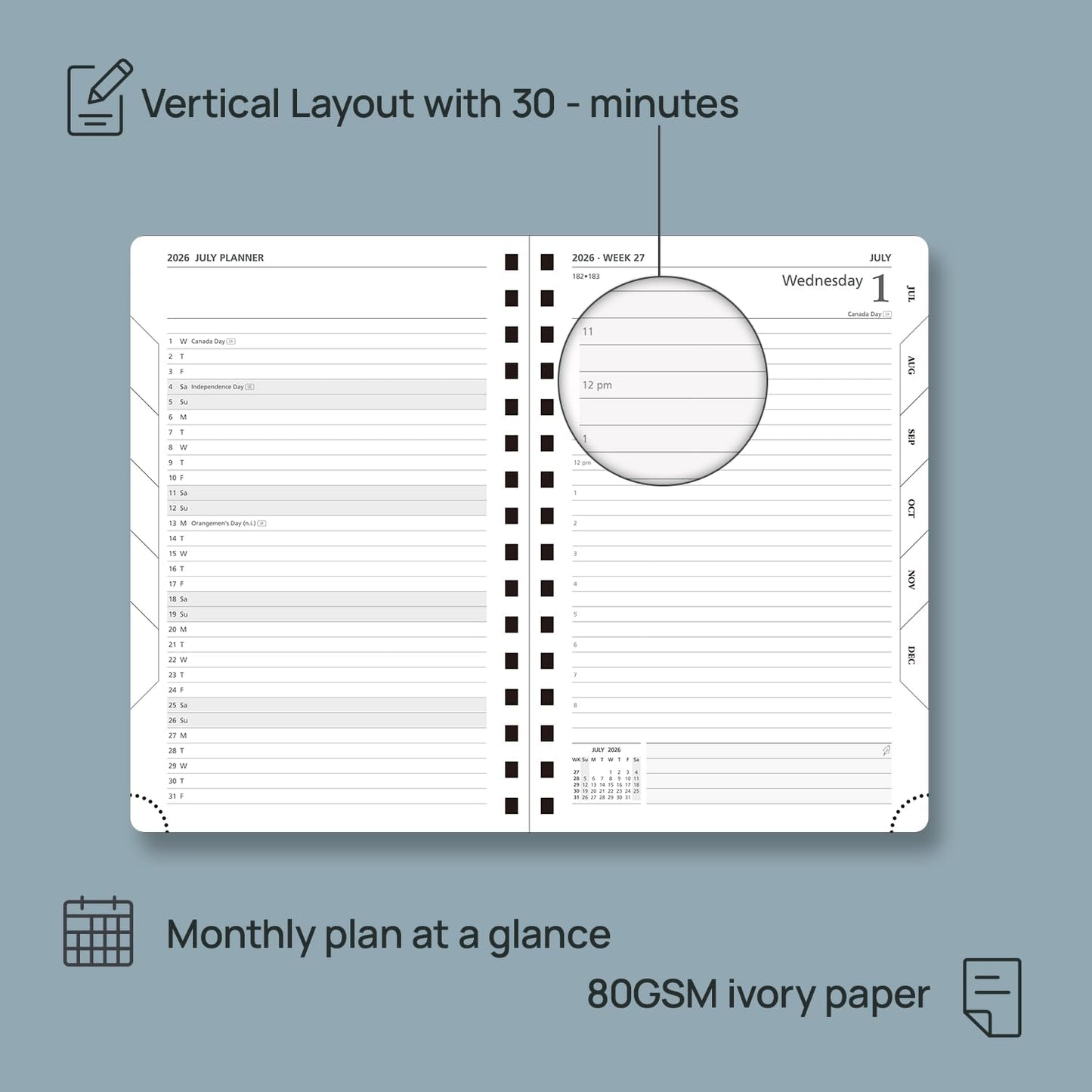 POPRUN 2026 Daily Planner One Page A Day - [8.5" x 5.75" Wire-Bound Hard Cover] Agenda 2026 Hourly Appointment Book with Monthly Calendar, Inner Pocket, Ivory Paper - Midnight Green