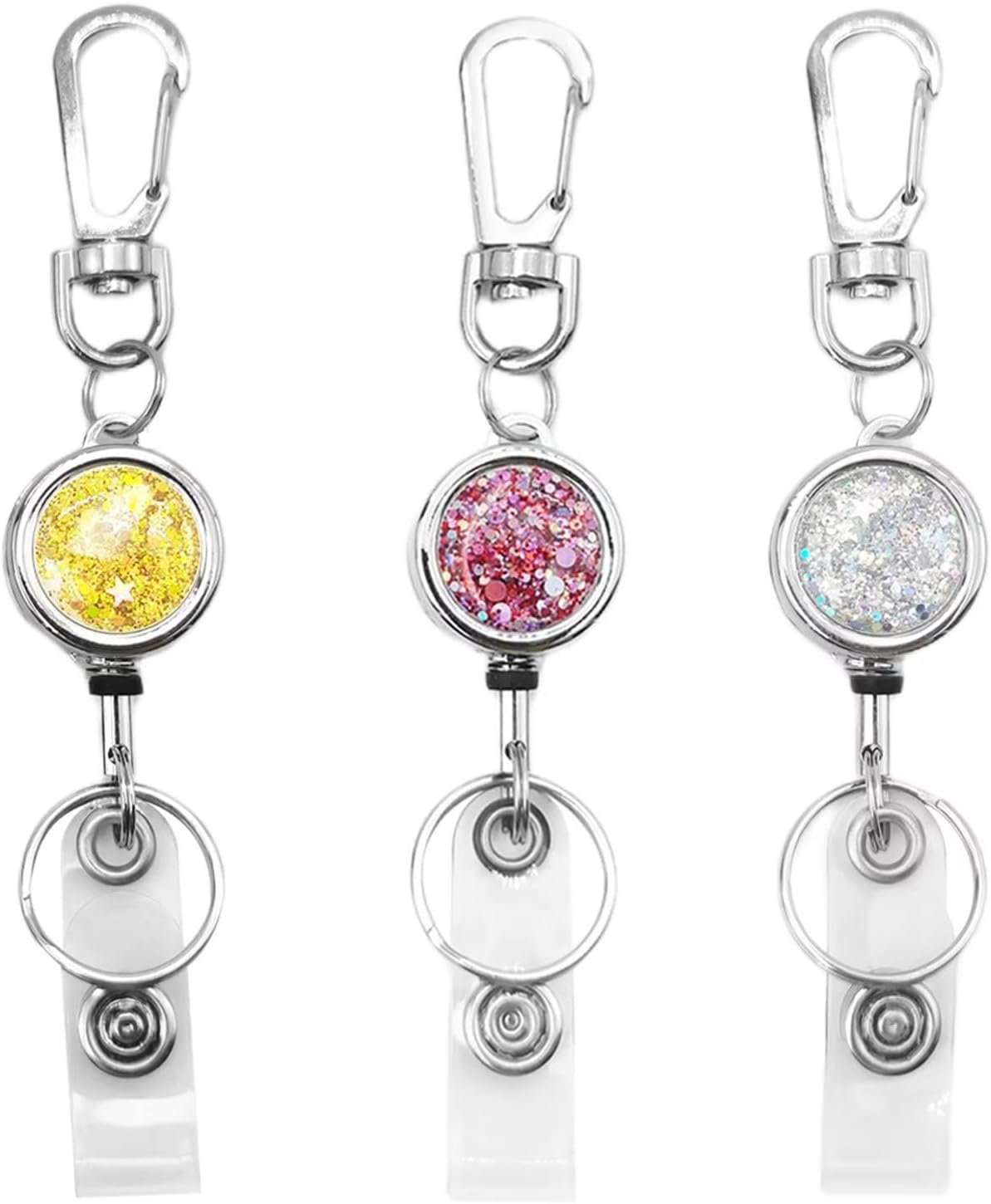bolimoss 3 Pack Retractable ID Badge Reels with Glittery Shiny Design, Key Ring and Belt Clip,Sturdy Retractable Rope for Office Workers, Nurses, Teachers, Students (Golden, Pink, Silver)