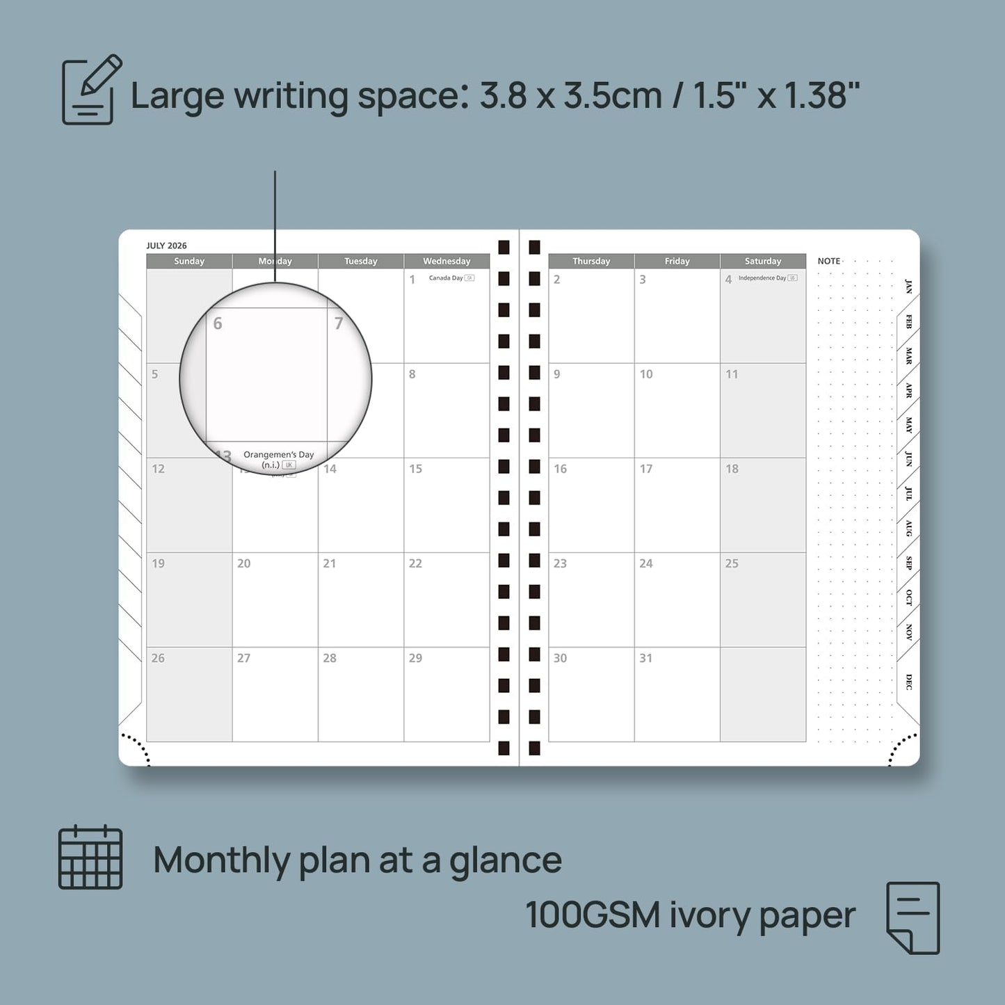POPRUN 2026 Planner Weekly Notebook (Jan-Dec), Medium 8.5''x 6.5'' - Agenda 2026 Calendar Book with Monthly Tabs, Inner Pocket, Spiral Soft Cover, 100 GSM - Royal Blue