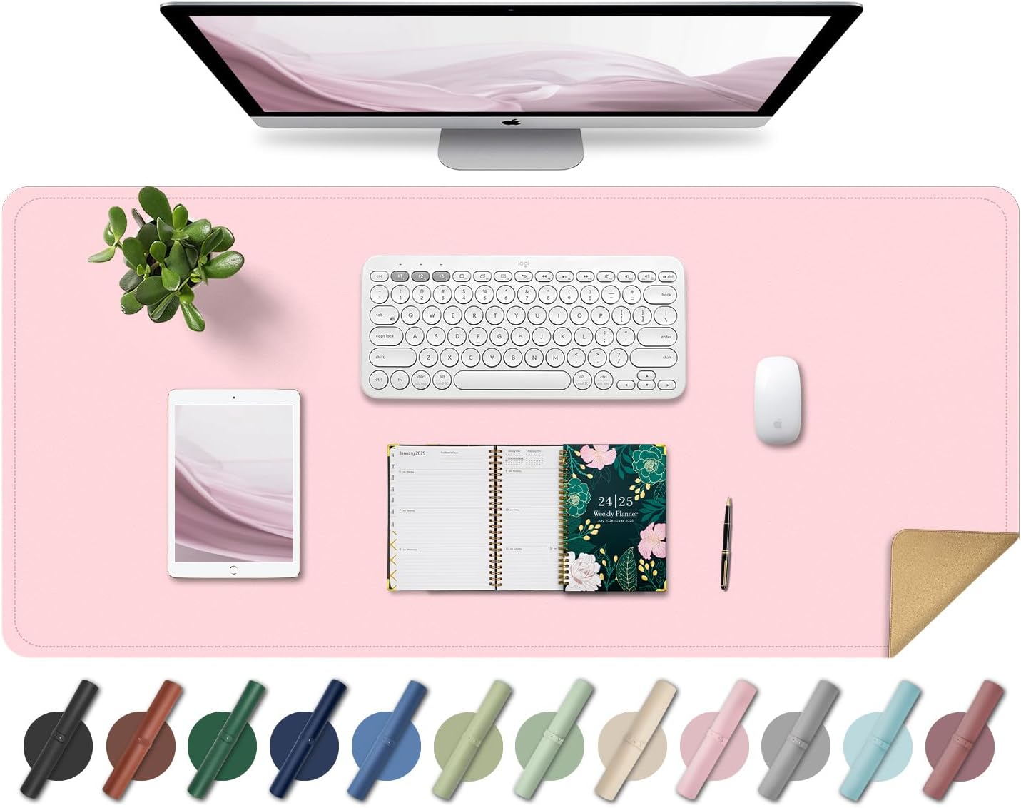 Large Desk Pad 35.4" x 17", Non-Slip Desk Mat with PU Leather & Natural Cork, Waterproof Writing Desk Natural Cork, Computer Mat Desk Protector for Office Home, Pink