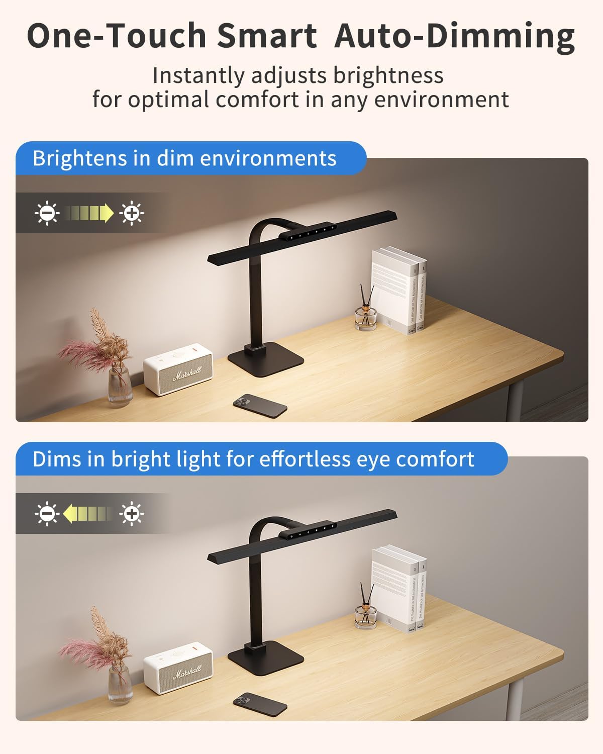 Desk Lamps for Office with Stable Base, 24W Touch Control Brightness Adjustable Tall Desk Lights, Eye-Caring Architect Task Light, Dimmable Brightness & Color Computer Lights for Desktop, Black - Lumora Desk