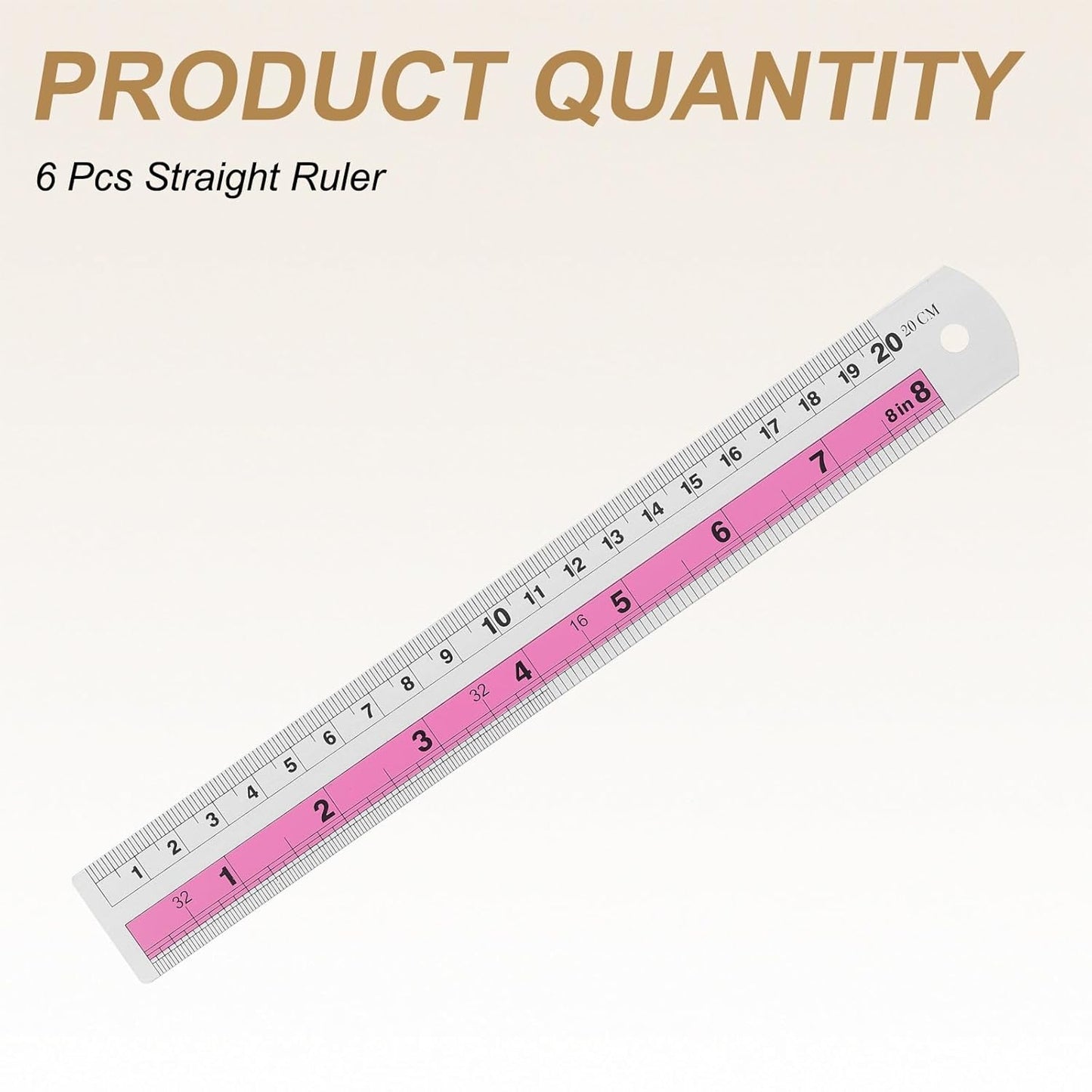 HARFINGTON 6pcs Metal Straight Ruler 20cm Metric SAE Aluminum Alloy Measuring Rulers Scale Tools with Hole for Measure Study Reading Classroom Office, Pink
