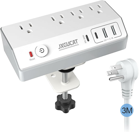 Desk Clamp Power Strip with USB C, JXGUCAT PD 20W Fast Charging Power Station, Removable Desk Clamp Mount Power Strip Surge Protector, 10 ft Cord with 4 Outlet 4 USB Ports, Fit 1.8" Tabletop Edge