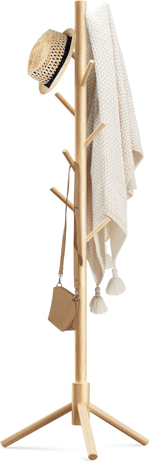 Haddockway Wooden Coat Rack Stand with 8 Hooks New Zealand Pine 3 Adjustable Coat Standing Tree Easy Assembly for Coats, Hats, Scarves and Handbags for Entryway, Hallway, Bedroom, Office - Lumora Desk