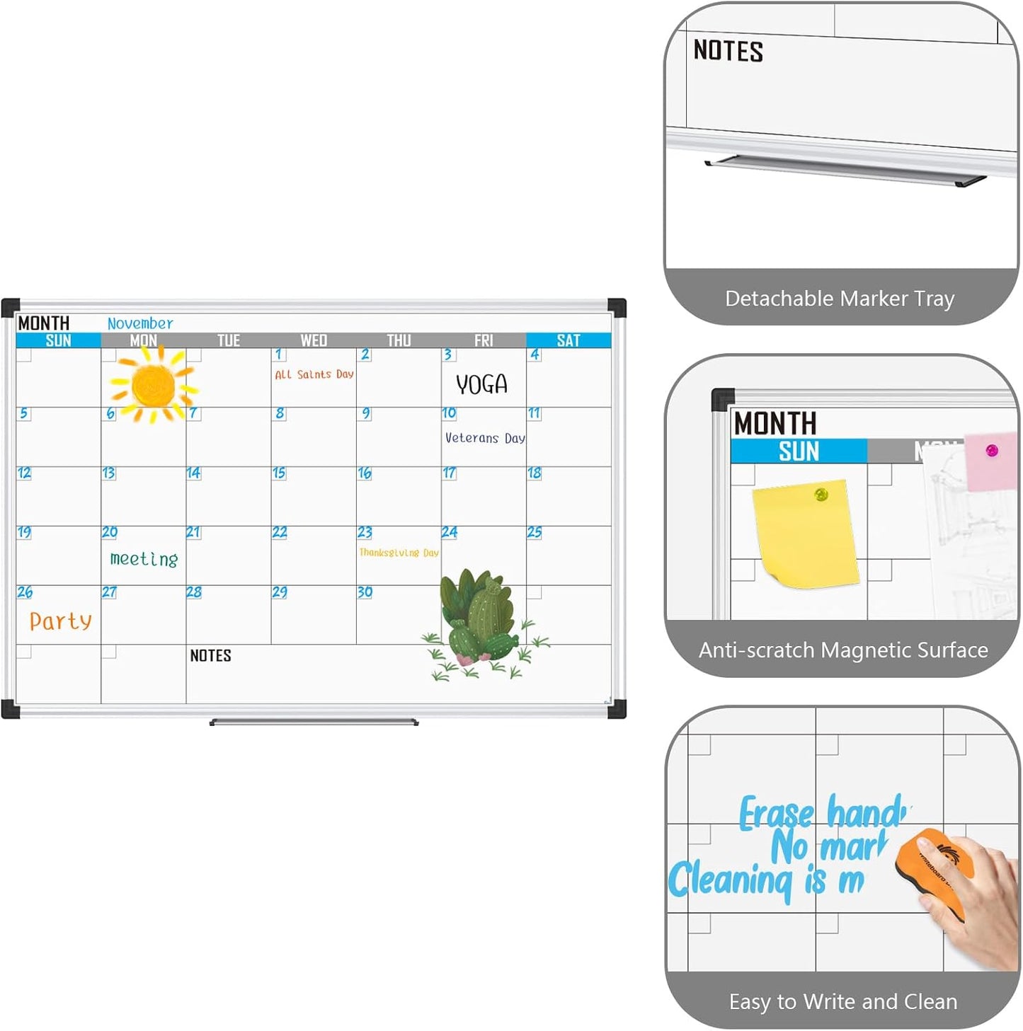 XBoard Magnetic Calendar Whiteboard 36" x 24" - Monthly Calendar Dry Erase Board, Reusable Colorful Calendar Board, Silver Aluminium Framed Monthly Planning Board - Lumora Desk