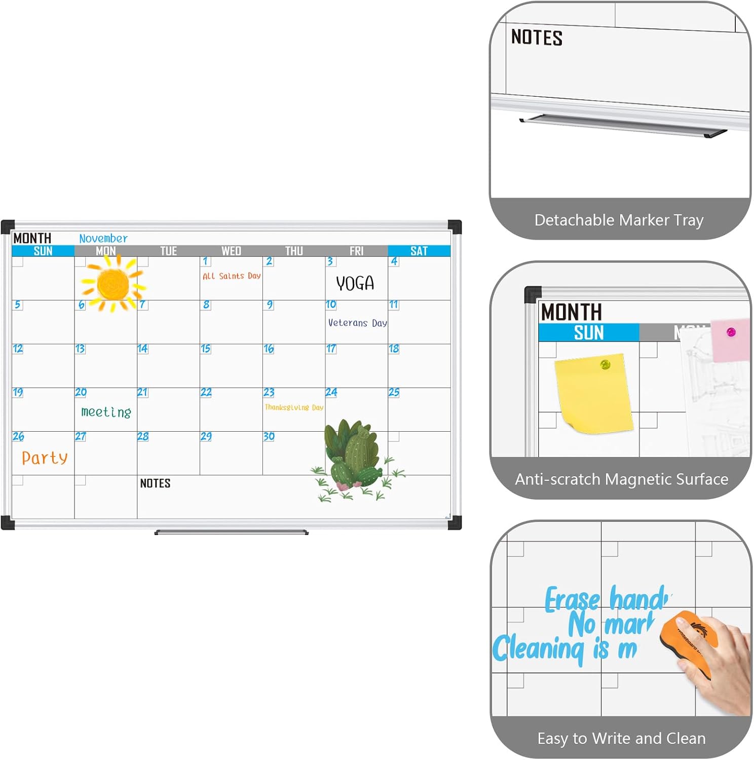 XBoard Magnetic Calendar Whiteboard 36" x 24" - Monthly Calendar Dry Erase Board, Reusable Colorful Calendar Board, Silver Aluminium Framed Monthly Planning Board - Lumora Desk
