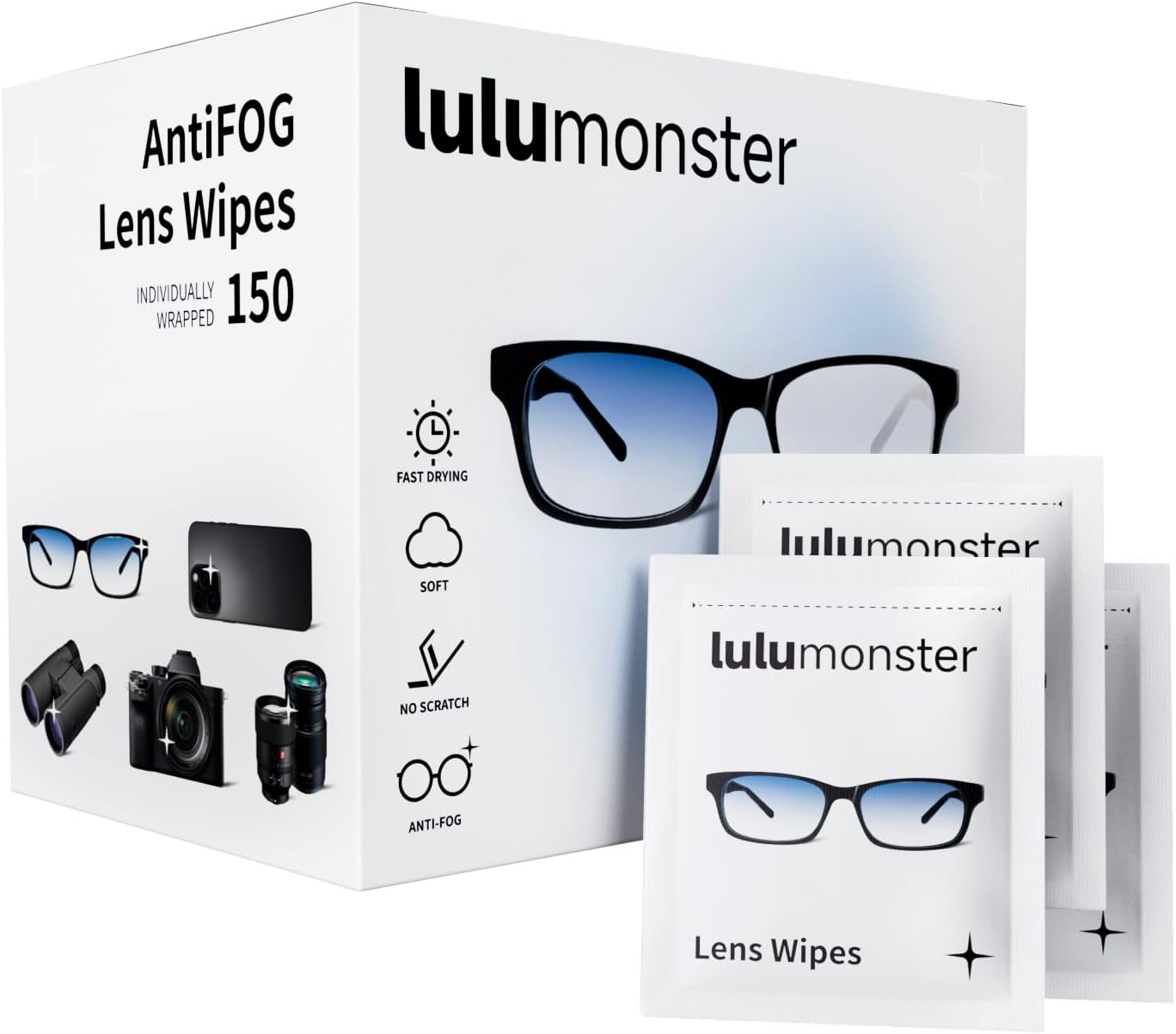 Anti Fog Lens Wipes for Eyeglasses Lulumonster, [150 Pre-Moistened Individually Wrapped Wipes] [Non-Scratching & Non-Streaking] Cleaner Wipes for Glasses, Sunglass, Phone Screen Camera Lens, Goggles