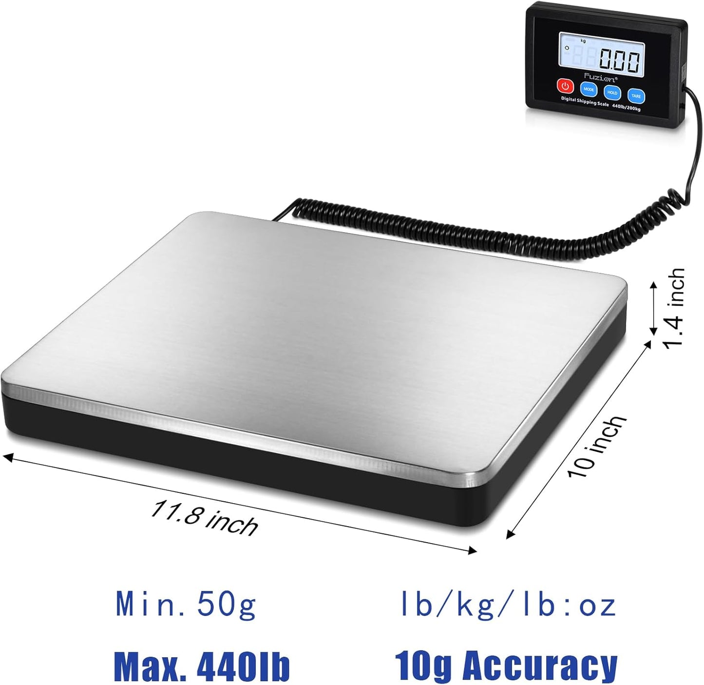 Fuzion Shipping Scale 440lb x 10g Accuracy, Postal Scale with Hold/Tare, Digital Shipping Scale for Packages Small Business, Luggage, Battery & AC/DC Adapter - Lumora Desk