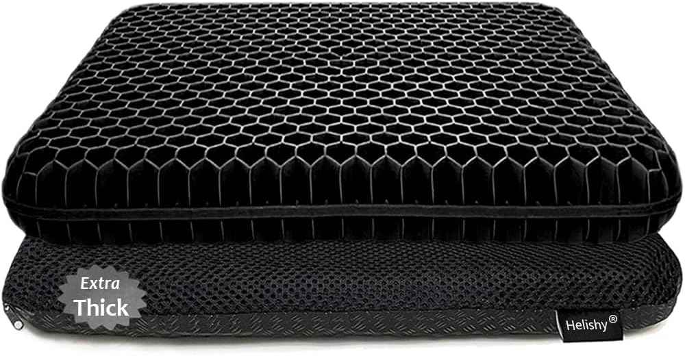 Gel Seat Cushion, Double Thick Breathable Honeycomb Design Absorbs Pressure Points Seat Cushion with Non-Slip Cover Gel Cushion for Office Chair Home Car Seat Cushion for Wheelchair (Black)