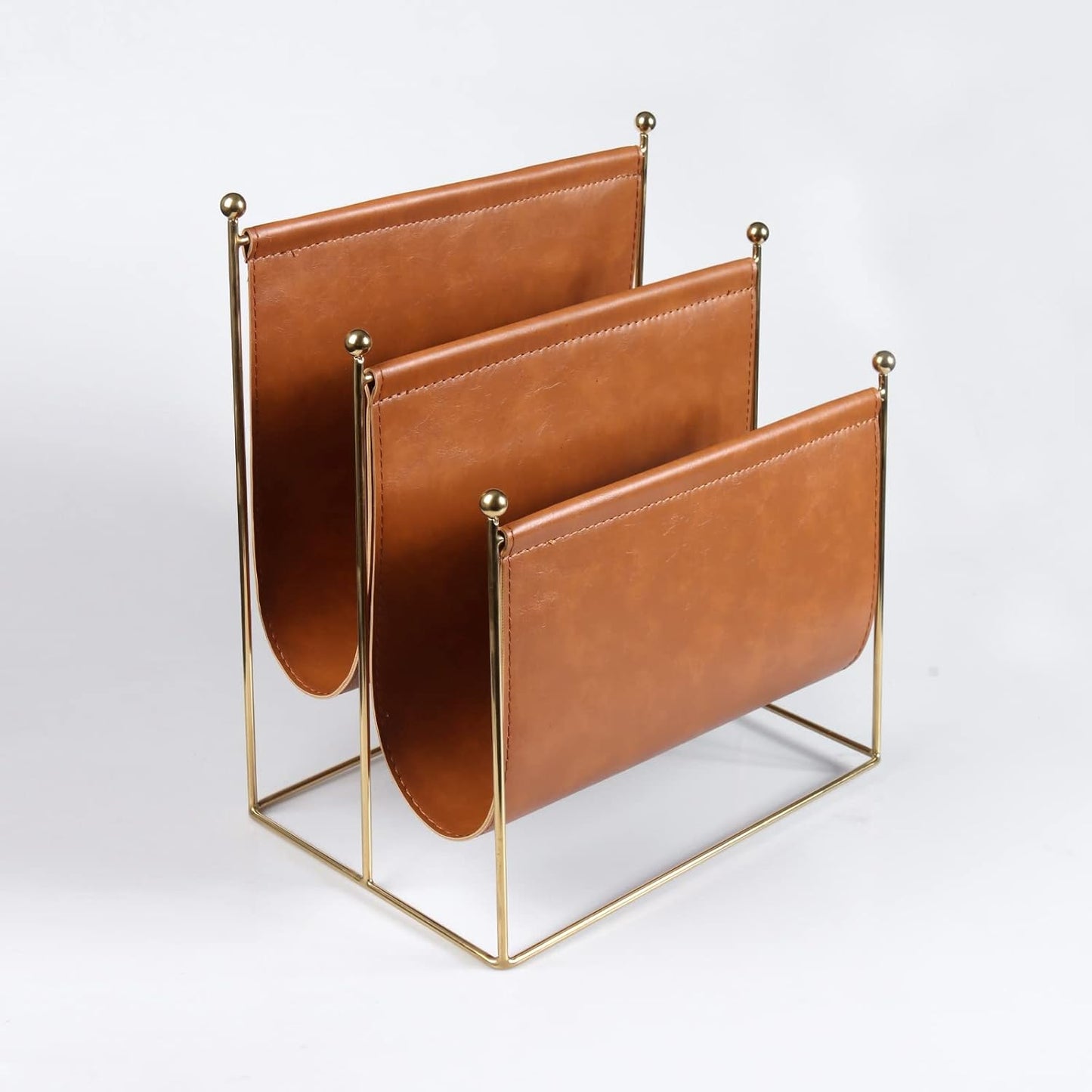 Plated Metal Wire and Leatherette Magazine Holder Rack, 2-Slot Standing Rack for Magazines, Books, Newspapers, Home Staging Decoration