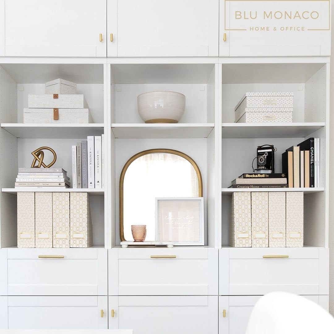 BLU MONACO Decorative Foldable Magazine Storage Boxes for Desk - Set of 4 Gold Magazine Holders with Cream Woven Design – Vintage Magazine File Organizer – Book Bins & Office Décor Storage Solution