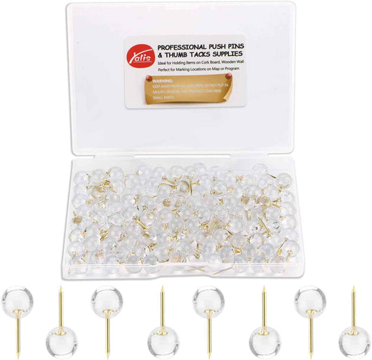 Push Pins 1/3 Inch Gold Map Tacks 100-Count Large Size Pins Golden Steel Point and Transparent Plastic Round Head (Gold)