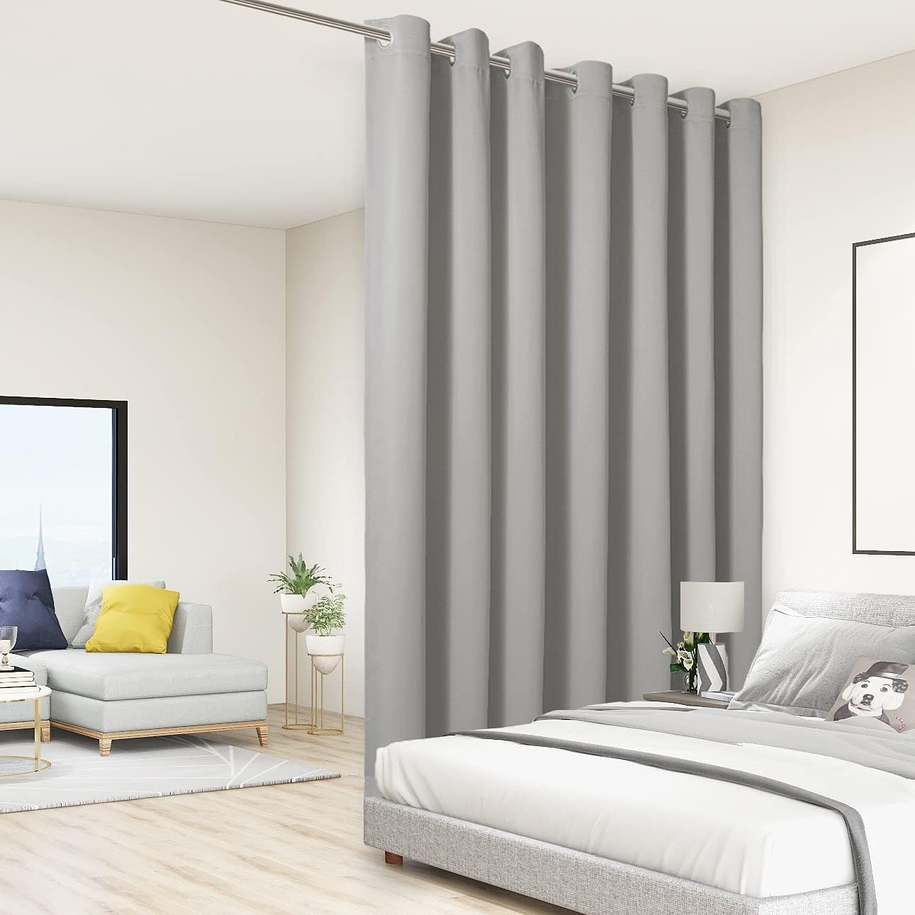 BONZER Room Divider Curtain Total Privacy Wall Extra Wide Grommet Room Darkening Curtains for Patio Sliding Glass Door, 96L x 150W Inch (8L x 12.5W ft), 1 Panel, Silver