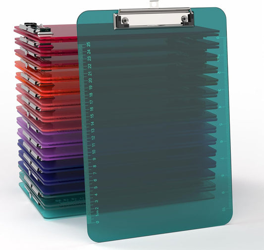 Bulk Clipboards Set of 30, 8.5x11 Plastic Colored Clear Clip Board with Ruler, Suitable for Classroom, Students, Kid, Size 9" x 12.5" with Low Profile Clip, Office & School Supply