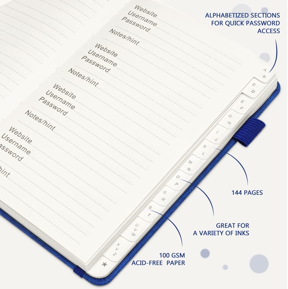 JUBTIC Password Book with Alphabetical Tabs. Medium Size Password Keeper Logbook for Internet Log in, Website Address. Hardcover Password Journal Notebook & Organizer for Home Office, Arabian Blue