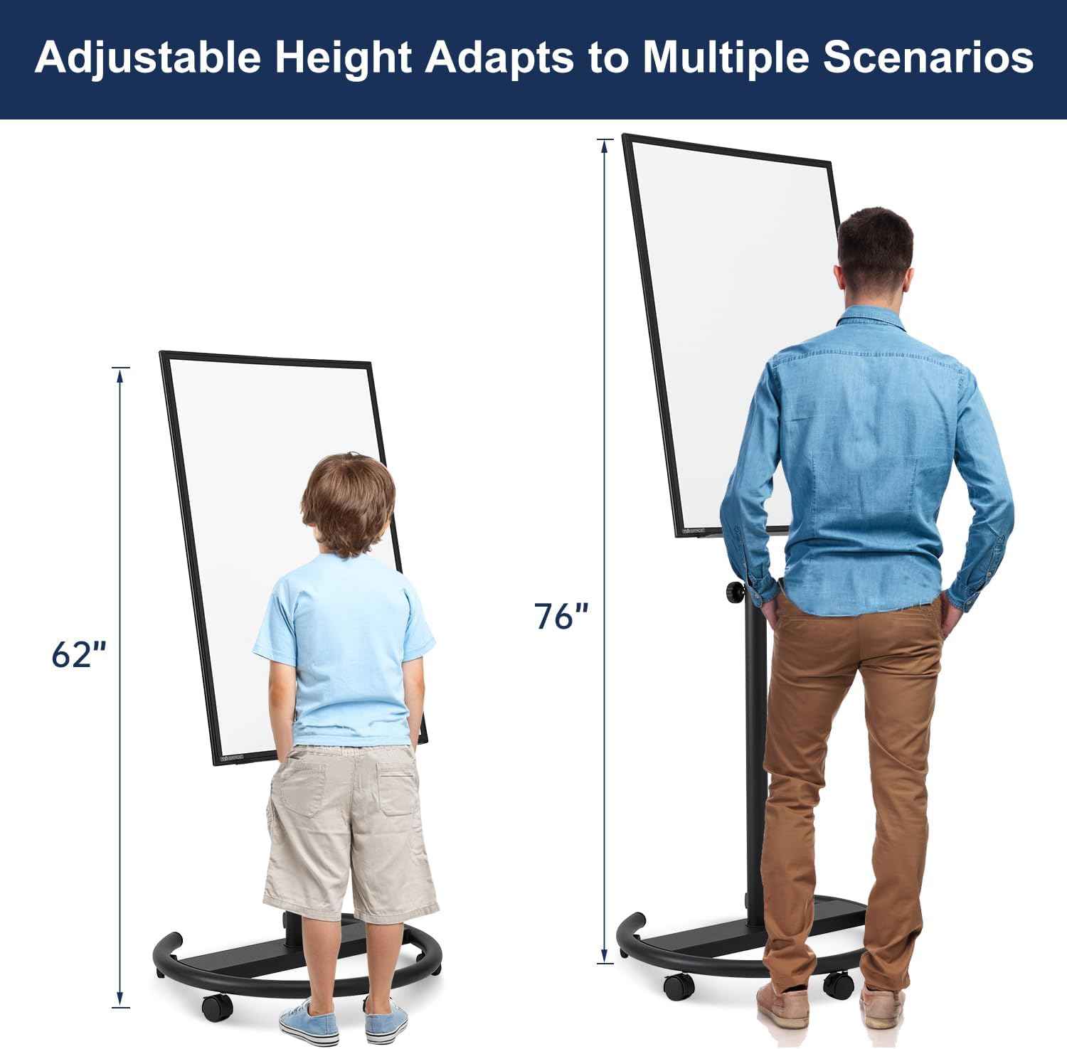 TSJ OFFICE Mobile Whiteboard Standing - 36 X 24 Inches Magnetic Rolling White Board, Height Adjustable Dry Erase Board on Wheels with Flip Chart Hooks, Black