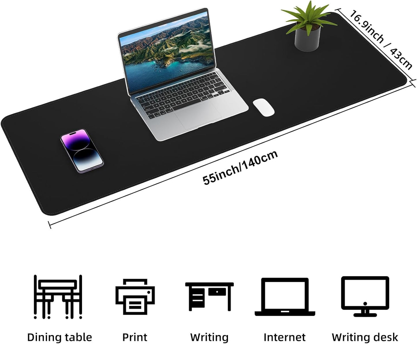 AFIING Leather Desk pad Protector, Large Non-Slip Office Desk Mat with Natural Cork & PU Leather, Waterproof Writing Mouse Pad for Office and Home (55in*17in,Black)