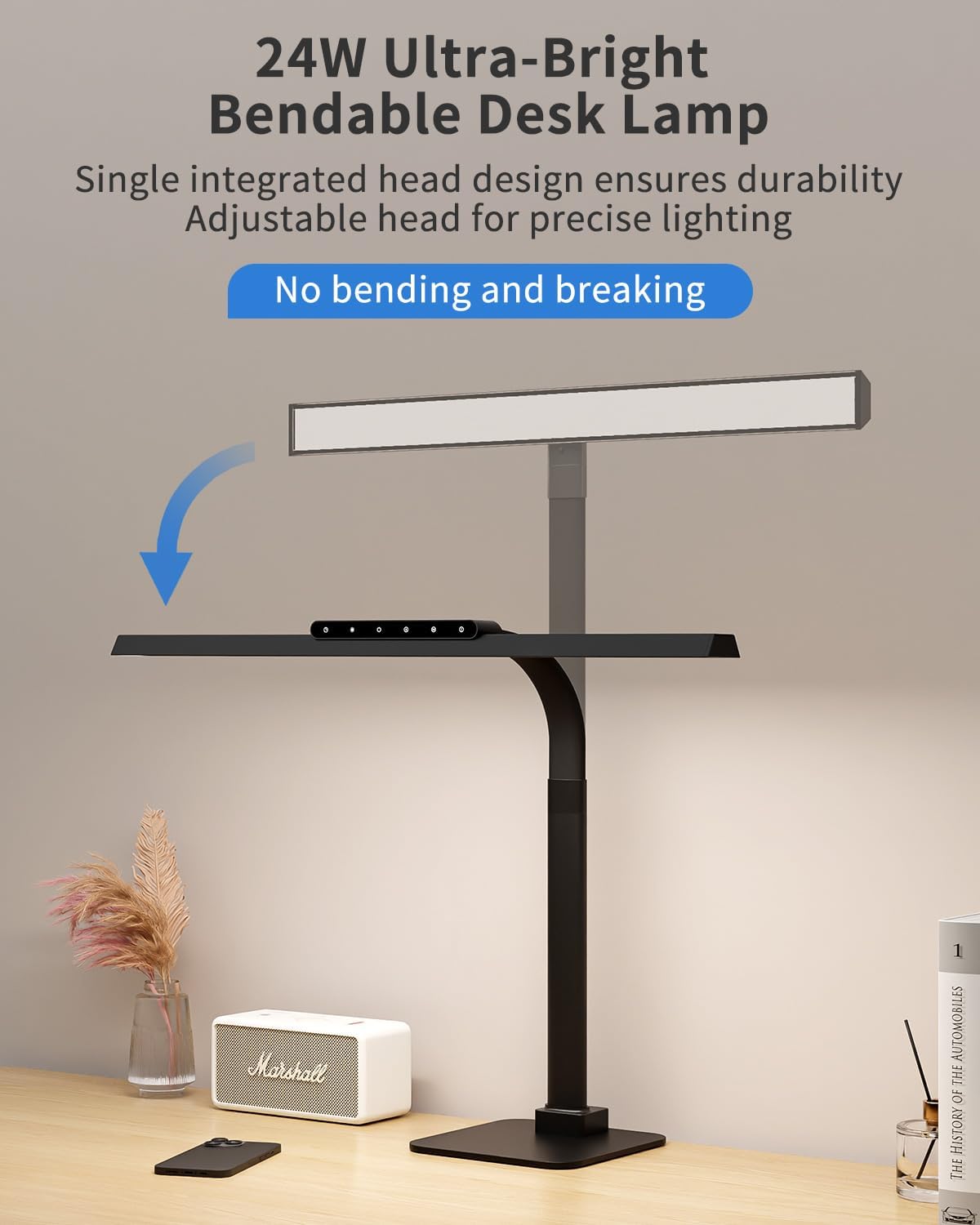 Desk Lamps for Office with Stable Base, 24W Touch Control Brightness Adjustable Tall Desk Lights, Eye-Caring Architect Task Light, Dimmable Brightness & Color Computer Lights for Desktop, Black - Lumora Desk