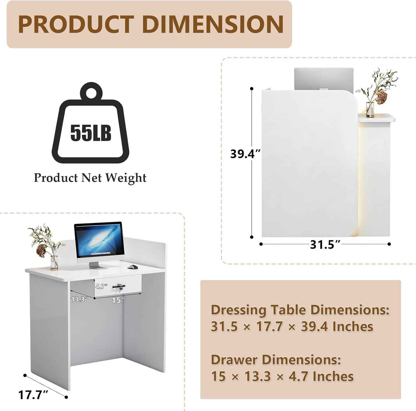 Small Reception Desk 31.5"×17.7"×39.4" Checkout Counter Front Desk Modern Reception Room Tables with Lockable Drawers, for Office Beauty Salon Retail Counter(White)