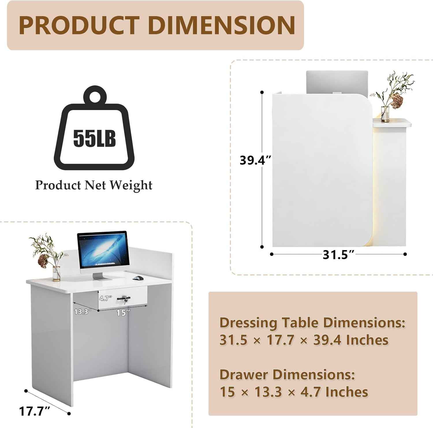 Small Reception Desk 31.5"×17.7"×39.4" Checkout Counter Front Desk Modern Reception Room Tables with Lockable Drawers, for Office Beauty Salon Retail Counter(White)